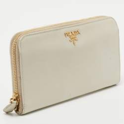 Pre Owned Prada Off White Saffiano Leather Zip Around Wallet