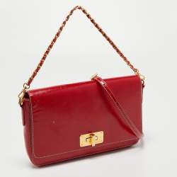 Pre Owned Prada Red Patent Leather Flap Crossbody Bag