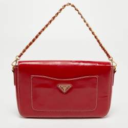 Pre Owned Prada Red Patent Leather Flap Crossbody Bag
