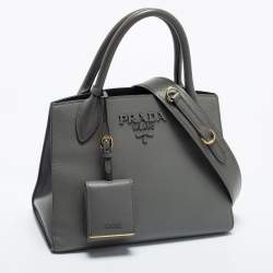 Pre Owned Prada Grey Leather Small Monochrome Tote