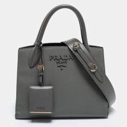 Pre Owned Prada Grey Leather Small Monochrome Tote