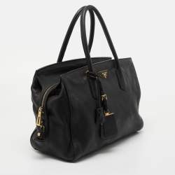 Pre Owned Prada Black Vitello Daino Leather Top Zip Tote