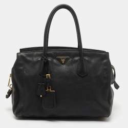 Pre Owned Prada Black Vitello Daino Leather Top Zip Tote