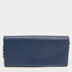 Pre Owned Prada Blue Saffiano Leather Wallet On Chain