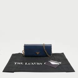Pre Owned Prada Blue Saffiano Leather Wallet On Chain