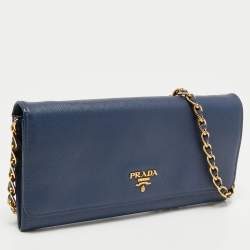 Pre Owned Prada Blue Saffiano Leather Wallet On Chain