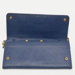 Pre Owned Prada Blue Saffiano Leather Wallet On Chain