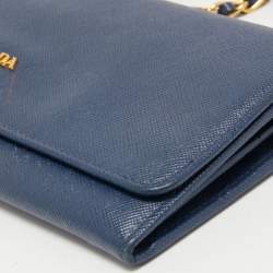 Pre Owned Prada Blue Saffiano Leather Wallet On Chain