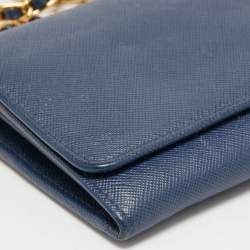 Pre Owned Prada Blue Saffiano Leather Wallet On Chain