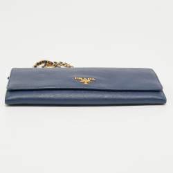Pre Owned Prada Blue Saffiano Leather Wallet On Chain