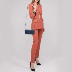 Pre Owned Prada Blue Saffiano Leather Wallet On Chain