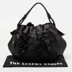Pre Owned Prada Black Leather Ruffle Hobo