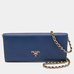 Pre Owned Prada Navy Blue Saffiano Leather Wallet on Chain