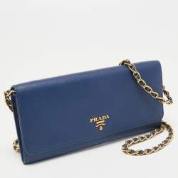 Pre Owned Prada Navy Blue Saffiano Leather Wallet on Chain