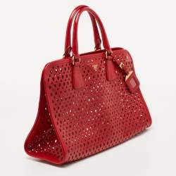 Pre Owned Prada Red Laser Cut Leather Fori Satchel