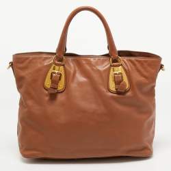 Pre Owned Prada Brown Calfskin Leather Nocciolo Top Handle Bag