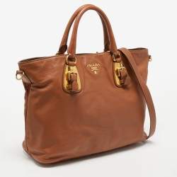 Pre Owned Prada Brown Calfskin Leather Nocciolo Top Handle Bag