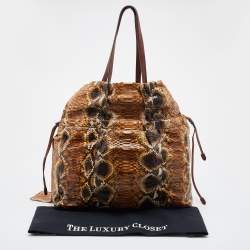 Pre Owned Prada Brown Python Leather Drawstring Bow Tote