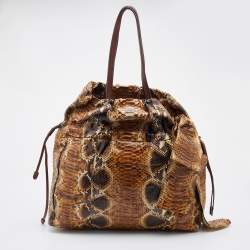 Pre Owned Prada Brown Python Leather Drawstring Bow Tote