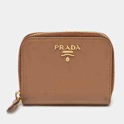 Prada Brown Leather Zip Around Compact Wallet