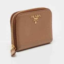Prada Brown Leather Zip Around Compact Wallet