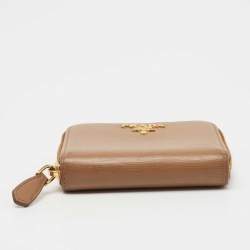 Prada Brown Leather Zip Around Compact Wallet