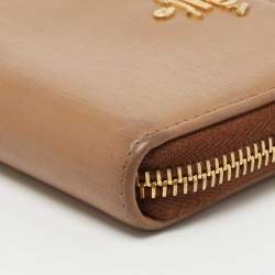Prada Brown Leather Zip Around Compact Wallet