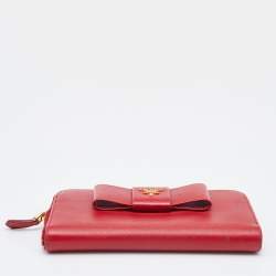 Prada Red Saffiano Leather Bow Zip Around Wallet