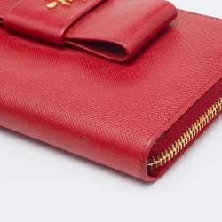Prada Red Saffiano Leather Bow Zip Around Wallet