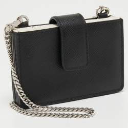 Prada Black/White Saffiano Leather Card Case with Chain