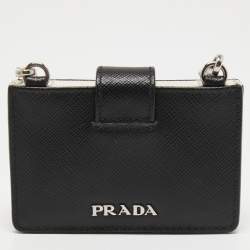 Prada Black/White Saffiano Leather Card Case with Chain