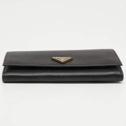 Pre Owned Prada Black Saffiano Metal Leather Logo Flap Continental Wallet