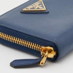 Prada Blue Saffiano Leather Zip Around Compact Wallet