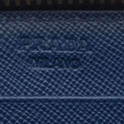 Prada Blue Saffiano Leather Zip Around Compact Wallet