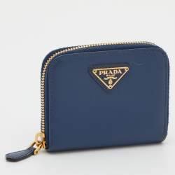 Prada Blue Saffiano Leather Zip Around Compact Wallet