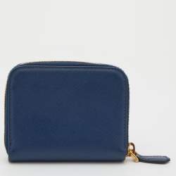 Prada Blue Saffiano Leather Zip Around Compact Wallet