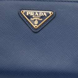 Prada Blue Saffiano Leather Zip Around Compact Wallet