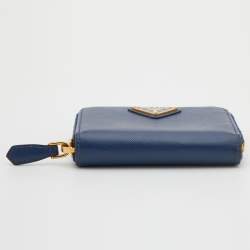 Prada Blue Saffiano Leather Zip Around Compact Wallet