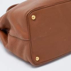 Pre Owned Prada Brown Vitello Daino Leather Middle Zip Tote