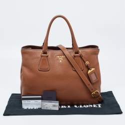 Pre Owned Prada Brown Vitello Daino Leather Middle Zip Tote