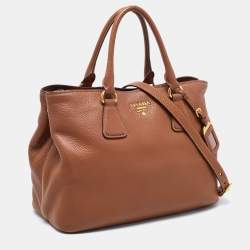 Pre Owned Prada Brown Vitello Daino Leather Middle Zip Tote