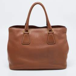 Pre Owned Prada Brown Vitello Daino Leather Middle Zip Tote