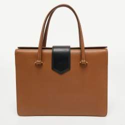 Prada Tan/Black Saffiano Lux Leather Turnlock Box Tote