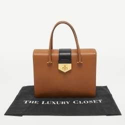 Prada Tan/Black Saffiano Lux Leather Turnlock Box Tote