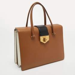 Prada Tan/Black Saffiano Lux Leather Turnlock Box Tote