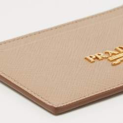 مملوكة مسبقًا Prada Beige Saffiano Metal Leather Card Holder