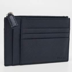Prada Blue Saffiano Leather Zip Card Holder