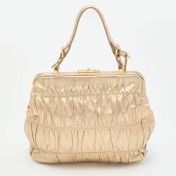 Pre Owned Prada Metallic Gold Leather Gaufre Frame Bag