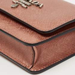 Pre Owned Prada Metallic Rose Gold Saffiano Lux Leather Chain Wallet
