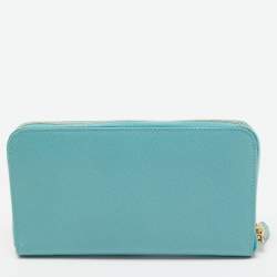 Prada Turquoise Saffiano Lux Leather Zip Around Continental Wallet